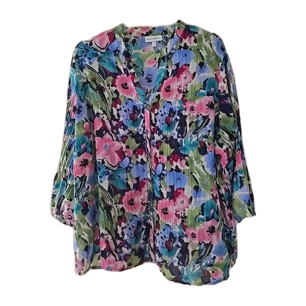 Vtg Fashion Bug Multicolor Floral Metallic Crinkle 3/4 Sleeve Top Womans Size 1X